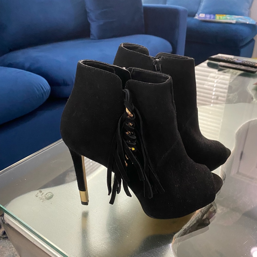 Black Suede Heel Boots; LIKE NEW. Worn only once.